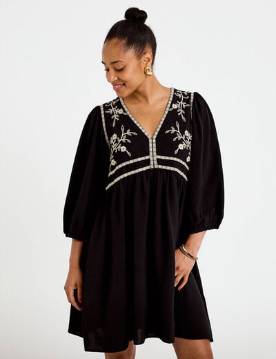 Robe droite courte col v manches 3/4 noir femme