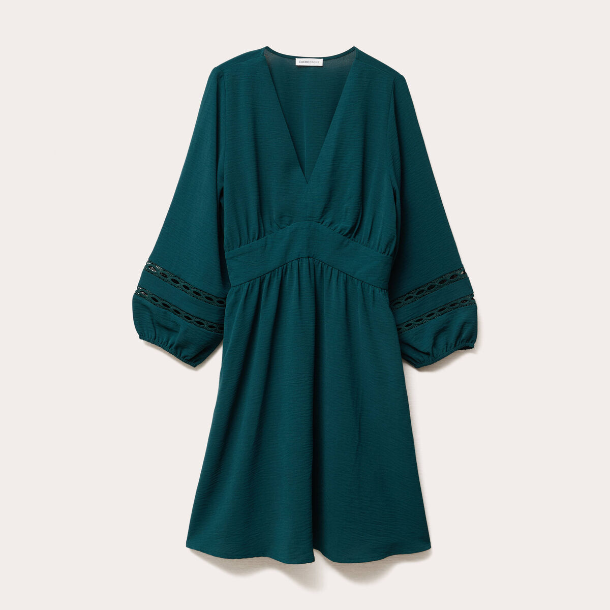 Robe courte &eacute;vas&eacute;e col v manches 3/4 vert fonc&eacute; femme