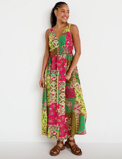 Robe longue &eacute;vas&eacute;e effet satin&eacute;e vert femme