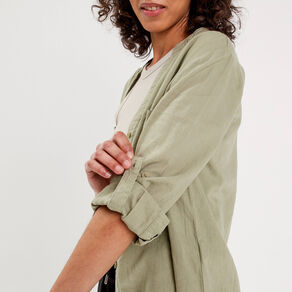 chemise manches 34 contenant du lin vert kaki femme Chemise manches 3/4 contenant du lin vert kaki femme