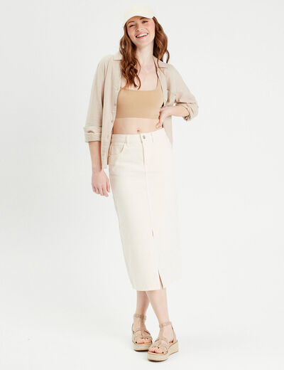 Débardeur cropped côtelé beige femme