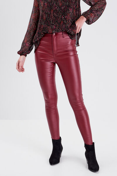 Pantalon skinny enduit bordeaux femme