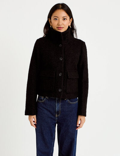Veste droite bouclette col montant noir femme