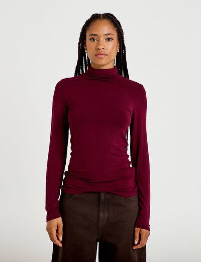 T-shirt uni &agrave; manches longues bordeaux femme