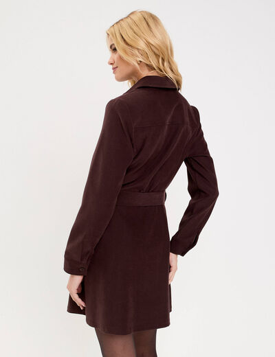Robe droite courte col chemise daim marron foncé femme