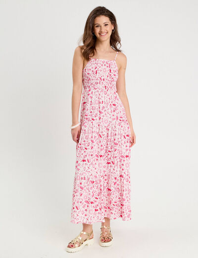 Robe longue évasée smockée rose fushia femme