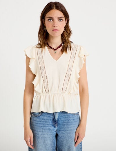 Blouse col rond manches courtes dentelle ecru femme