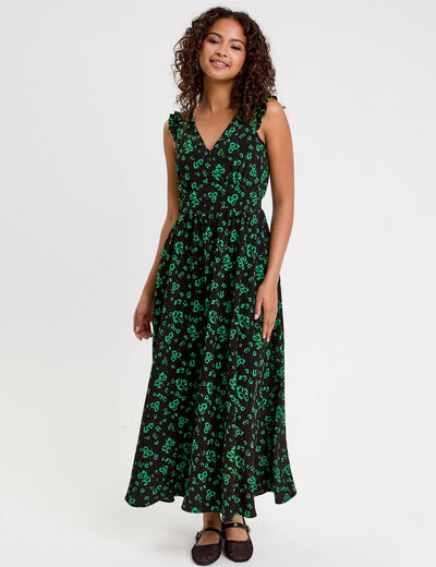Robe longue évasée col v sans manches vert fluo femme