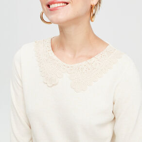 T-shirt col claudine macramé ecru femme