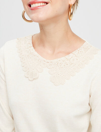 T-shirt col claudine macramé ecru femme
