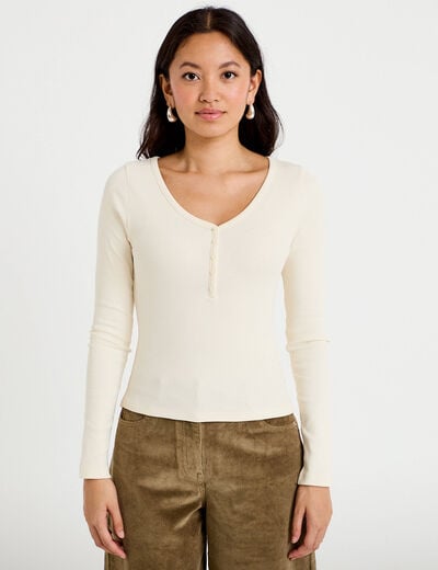 T-shirt c&ocirc;tel&eacute; ajust&eacute; manches longues ecru femme