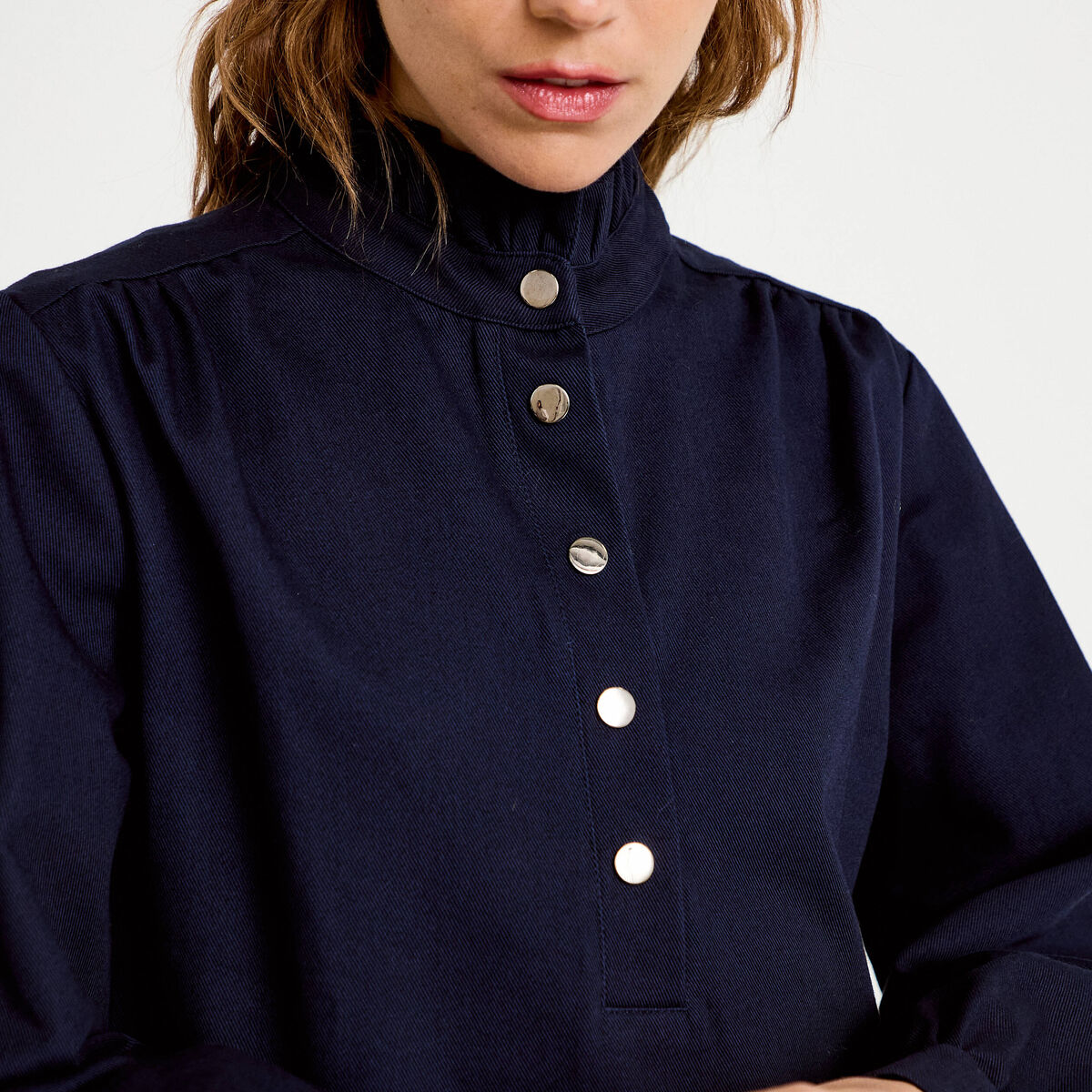 Robe droite col chemise manches longues bleu marine femme