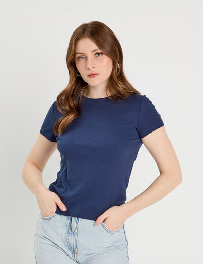 T-shirt manches courtes côtelé bleu foncé femme