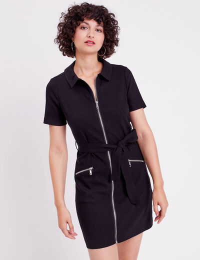 Robe droite zippée ceinturée noir femme