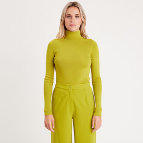 Pull côtelé col roulé vert olive femme