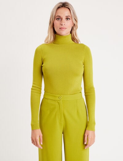 Pull côtelé col roulé vert olive femme