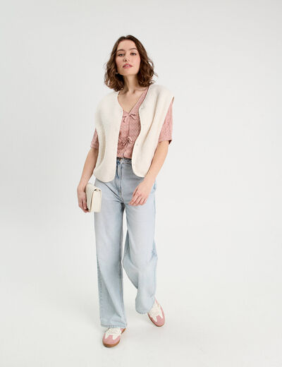 Pull ajouré manches 3/4 rose pastel femme