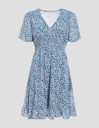 Robe évasée manches courtes bleu marine femme
