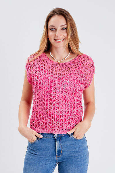 Pull manches courtes ajouré rose fluo femme