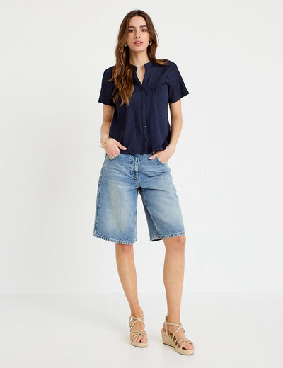 Blouse pliss&eacute;e col v manches courtes bleu fonc&eacute; femme