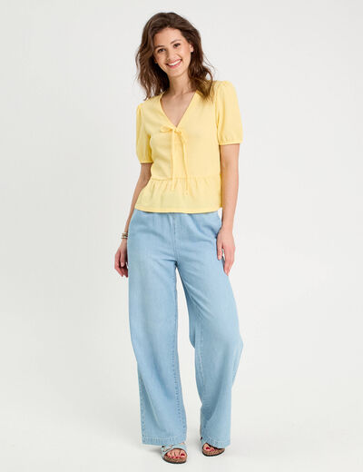 Blouse nouée brodée jaune clair femme