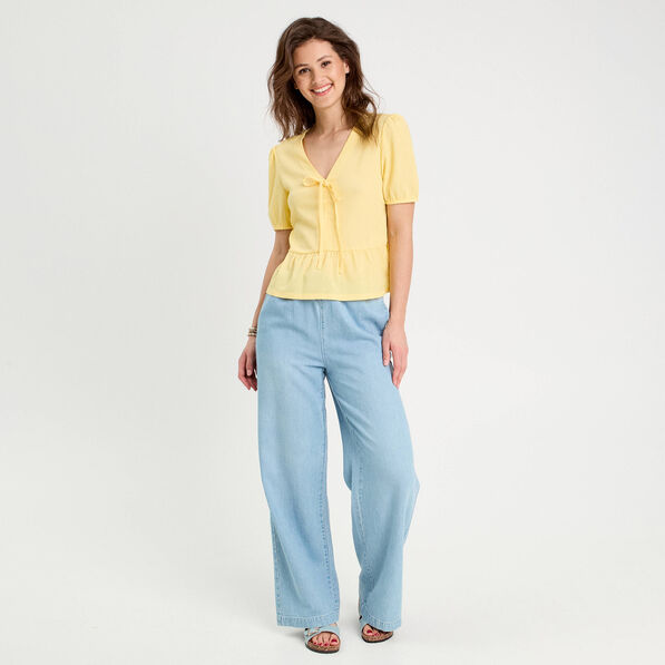 Blouse nouée brodée jaune clair femme