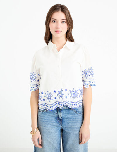 Chemise brod&eacute;e manches courtes ecru femme