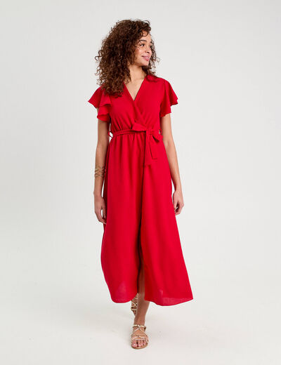 Robe longue évasée cache-coeur rouge fluo femme