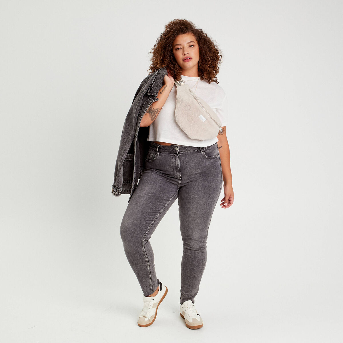 Jeans skinny taille haute denim gris femme