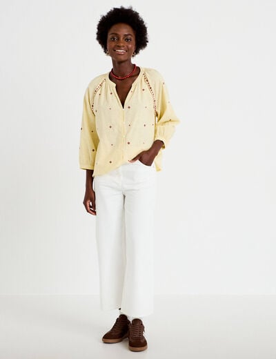 Blouse ample col tunisien manches 3/4 jaune pastel femme