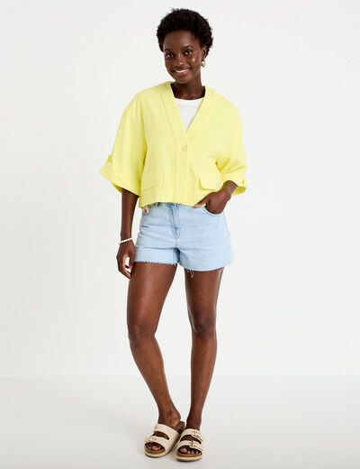 Veste ample pliss&eacute;e manches 3/4 jaune citron femme