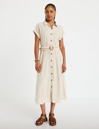 Robe &eacute;vas&eacute;e 3/4 col chemise ceinture beige femme