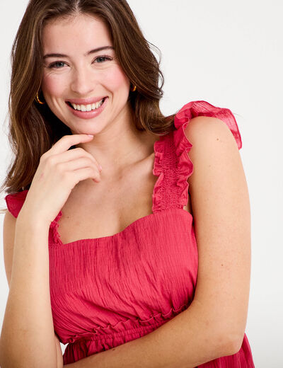 Top pliss&eacute; col carr&eacute; fines bretelles rose framboise femme