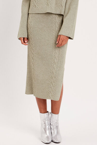 Jupe longue tricot moulante vert kaki femme