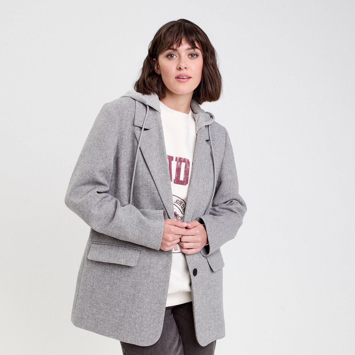 Blazer oversize capuche amovible gris clair femme