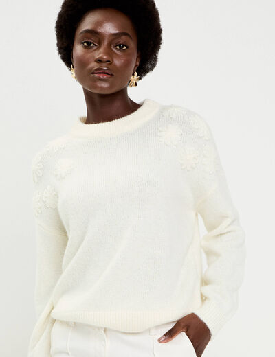 Pull brod&eacute; manches longues ecru femme