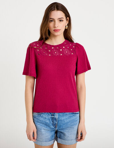 T-shirt manches courtes aspect dentelle rouge femme