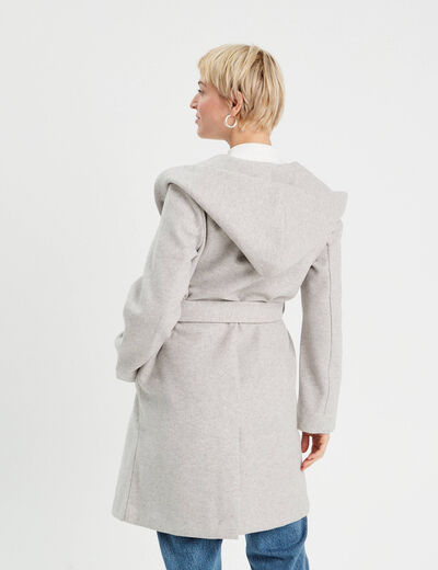 Manteau ceinturé à capuche gris clair femme