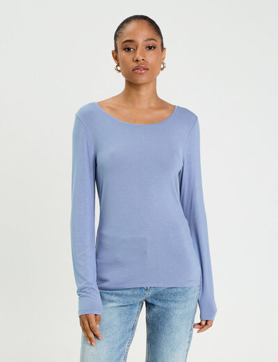 T-shirt uni &agrave; manches longues bleu gris femme