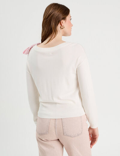Pull avec noeud épaule ecru femme