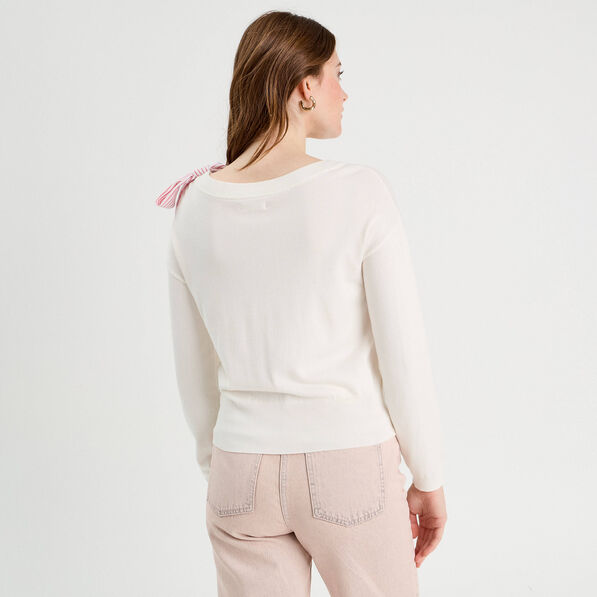 Pull avec noeud épaule ecru femme
