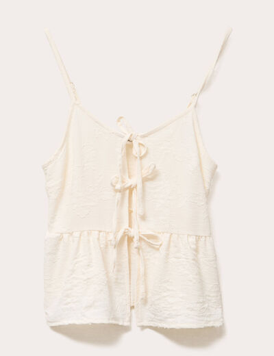 Top droit cropped col v plissé ecru femme