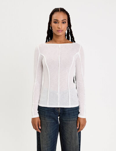 T-shirt cintr&eacute; col rond manches longues blanc femme