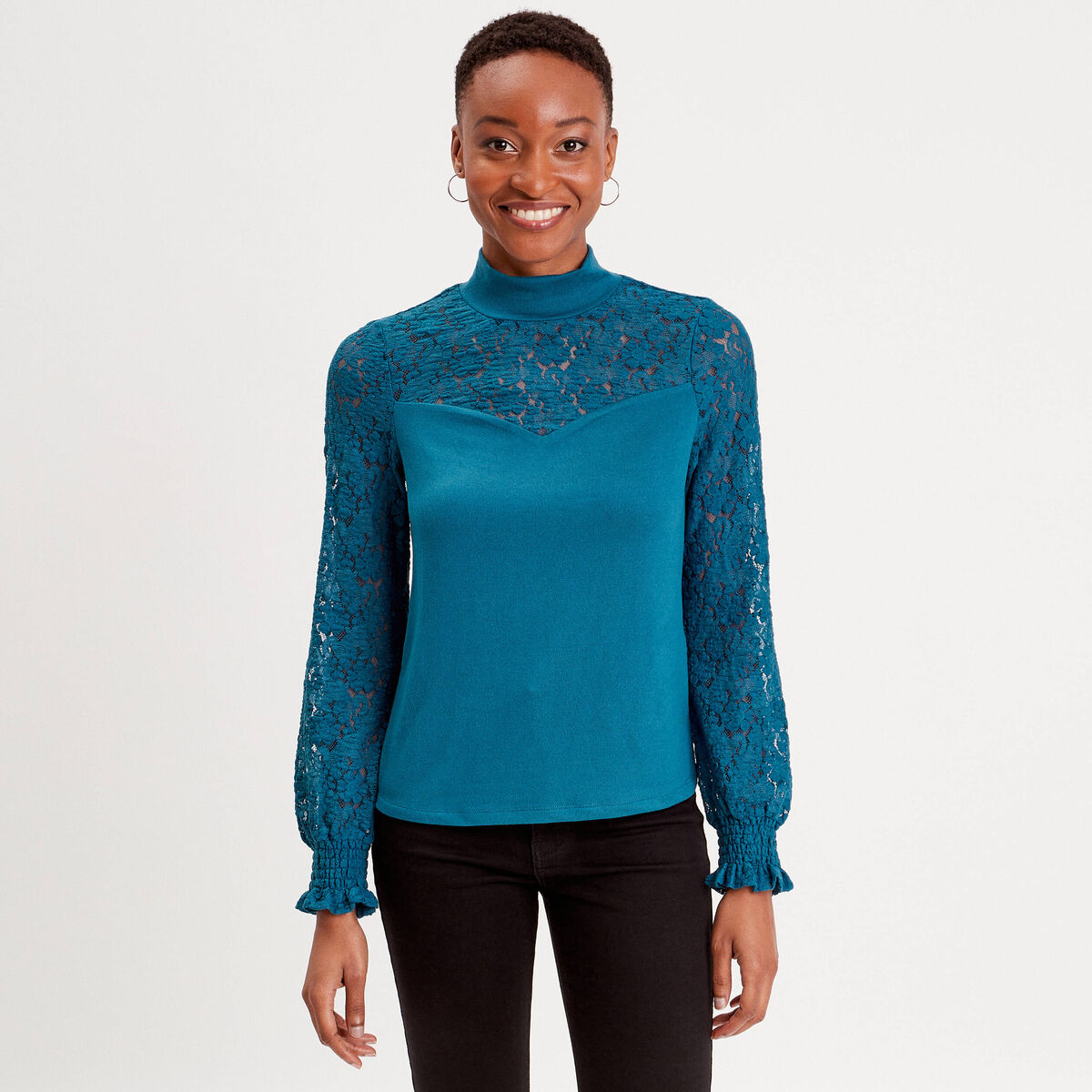 T-shirt col montant dentelle bleu canard femme