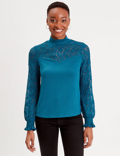 T-shirt col montant dentelle bleu canard femme