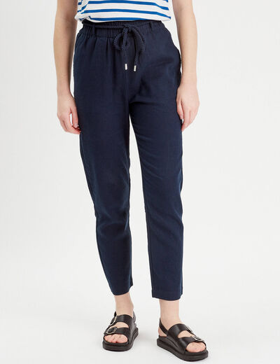 Pantalon droit fluide contenant du lin bleu marine femme