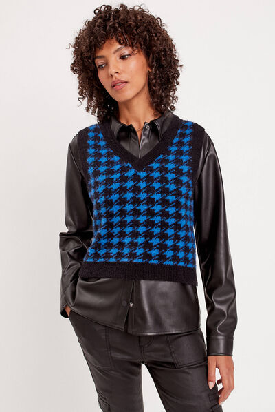 Pull sans manches col en V bleu electrique femme