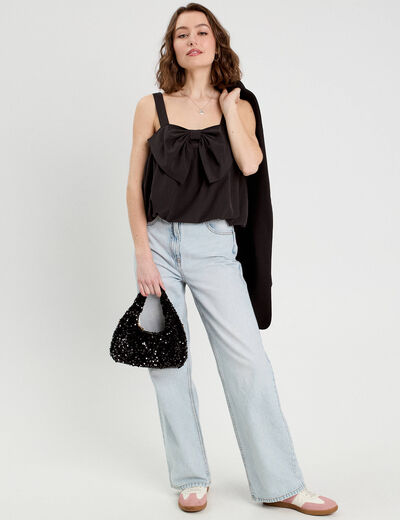 Blouse effet boule et noeud noir femme