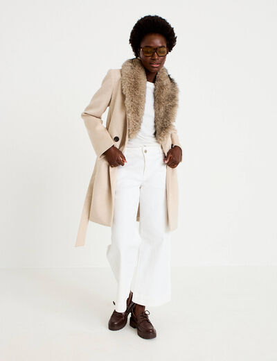Manteau cintr&eacute; col ch&acirc;le manches longues beige femme