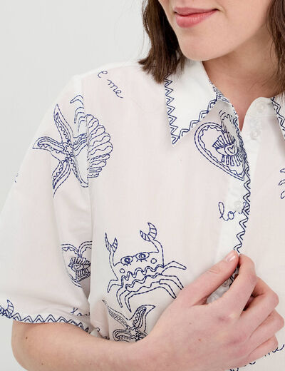 Chemise manches courtes brodée bleu marine femme